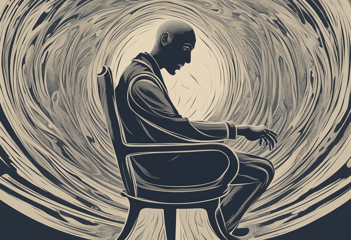 A person sits in a chair, surrounded by swirling emotions. Anger, fear, and sadness are all present, but they are being suppressed as the individual focuses on their inner strength and resilience in the face of a cancer diagnosis