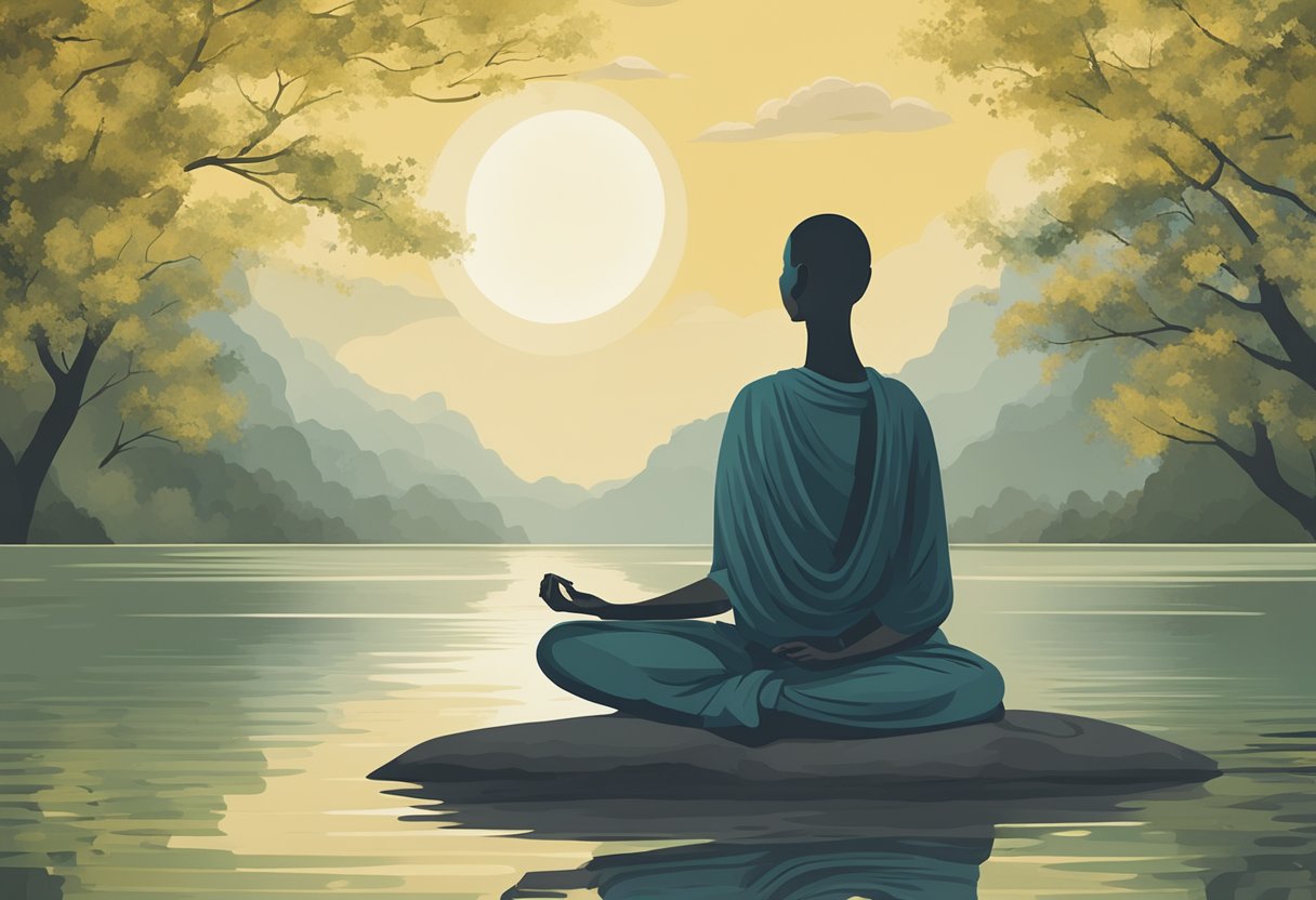 A figure sits in a serene setting, practicing deep breathing and meditation to suppress anger while coping with cancer