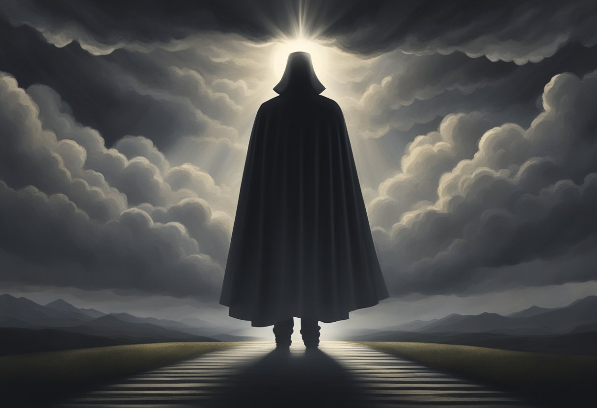A figure stands in a shadow, surrounded by dark clouds. A beam of light breaks through, illuminating a path forward