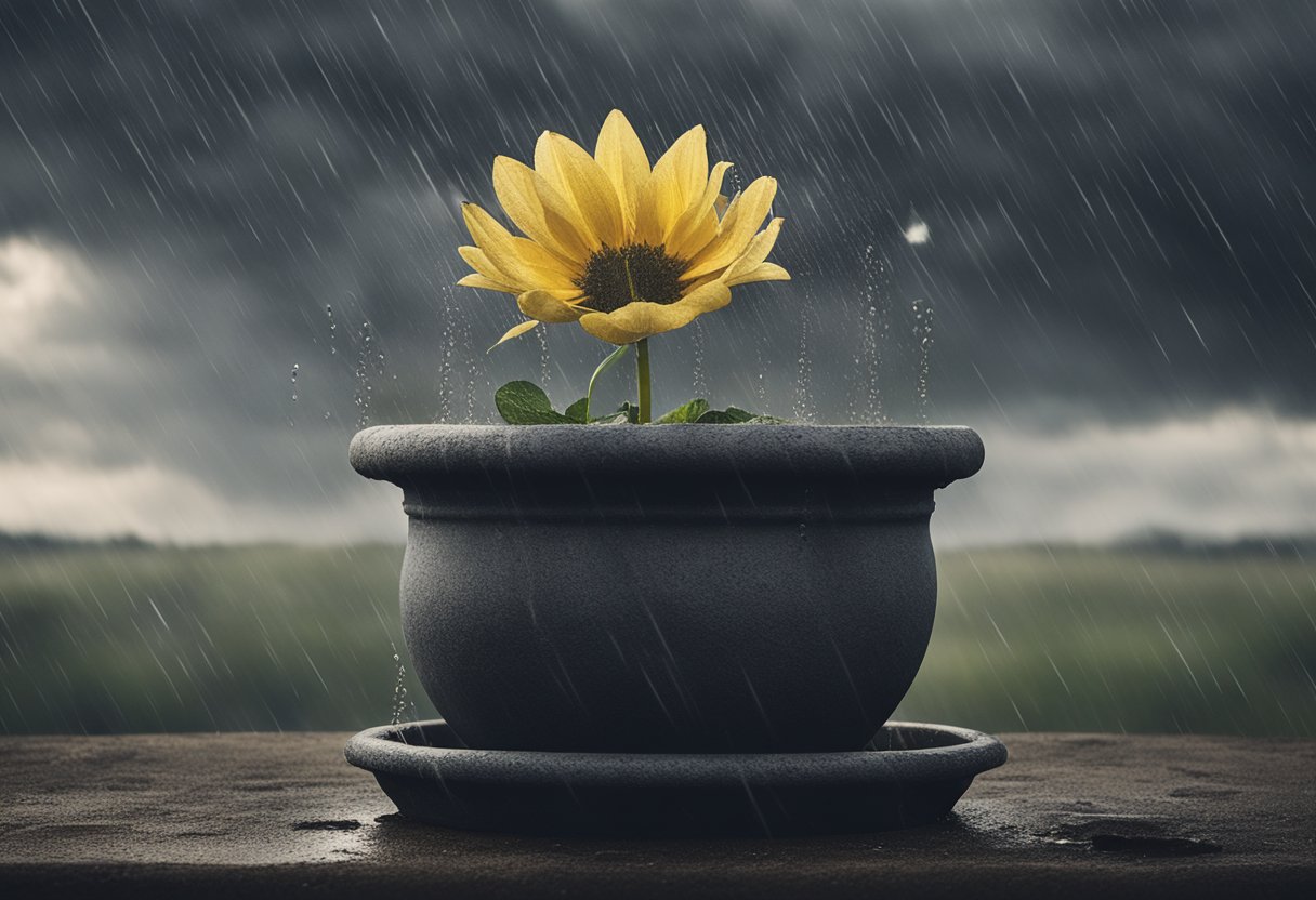 A wilted flower sits in a cracked pot, surrounded by dark clouds and heavy rain