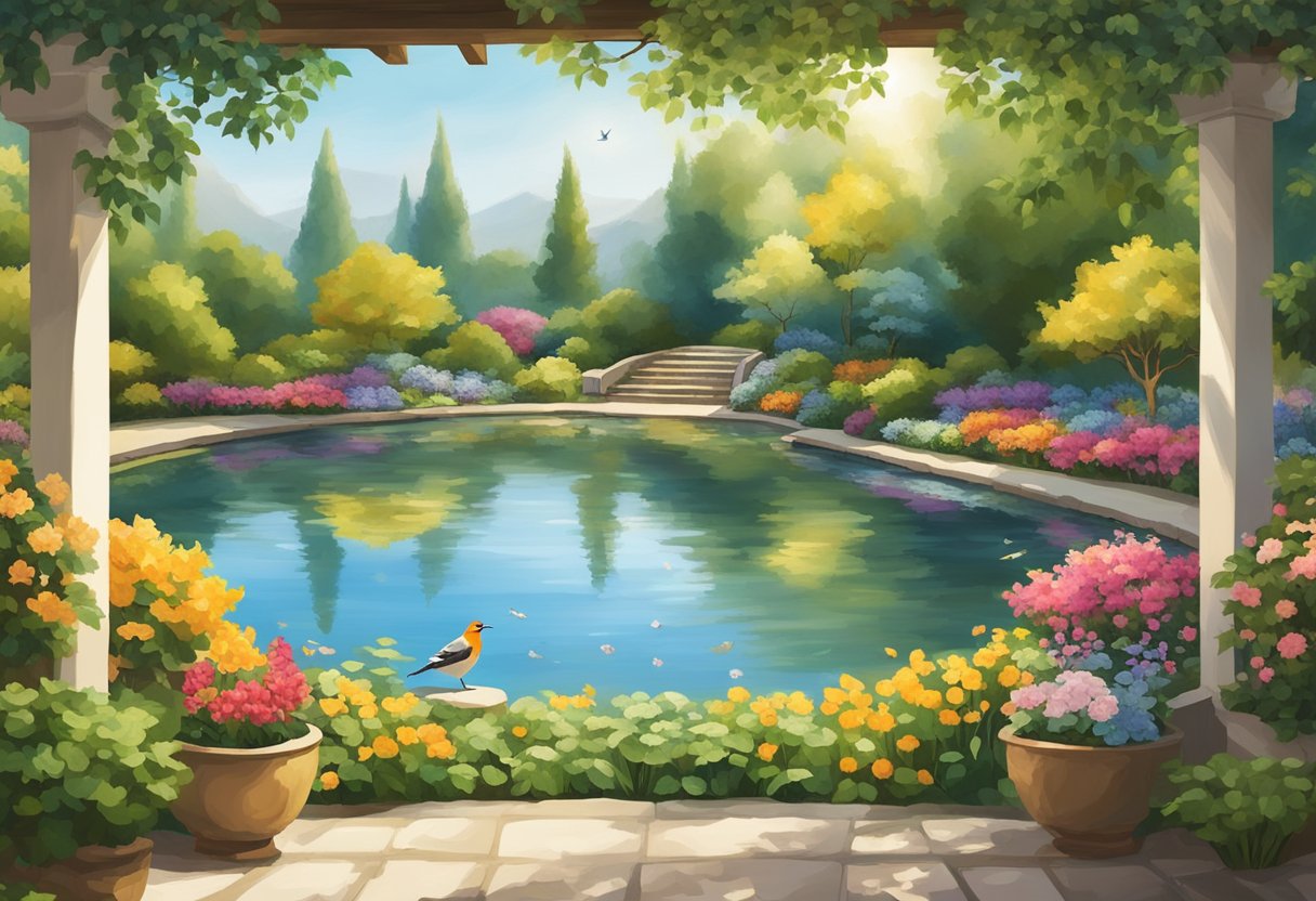 A serene garden with vibrant flowers and a peaceful pond, surrounded by gentle sunlight and the sound of birds chirping