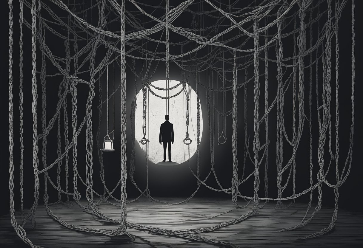 A person standing in a dark room, surrounded by tangled ropes and chains, with a heavy weight hanging overhead, symbolizing the feeling of helplessness and entrapment experienced during cancer survivorship