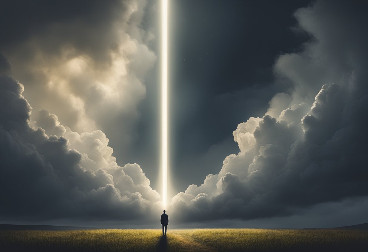 A person stands tall, surrounded by dark clouds of resentment. A beam of light breaks through, symbolizing hope and resilience