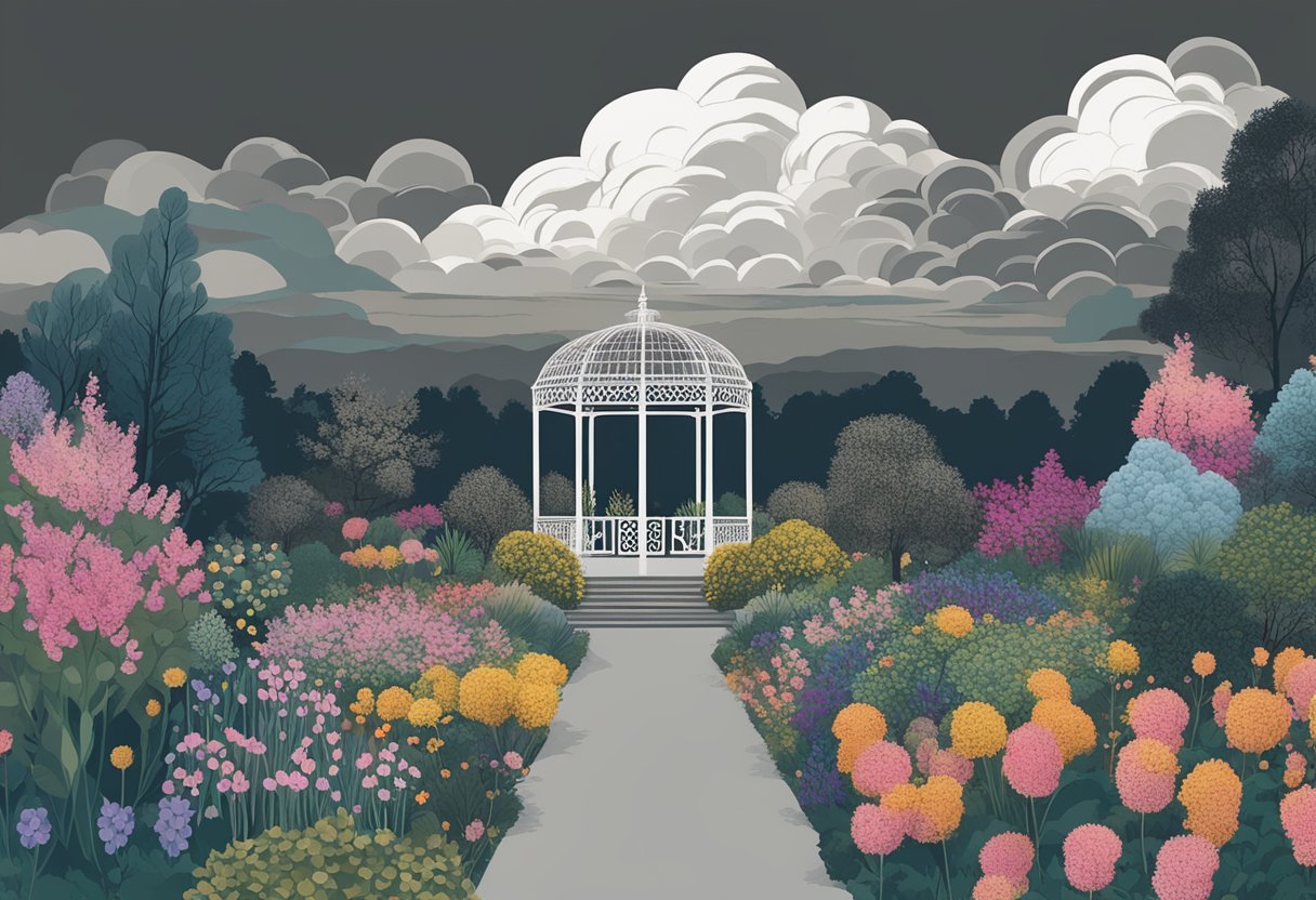 A dark cloud looms over a vibrant garden, symbolizing the resentment felt by a cancer thriver