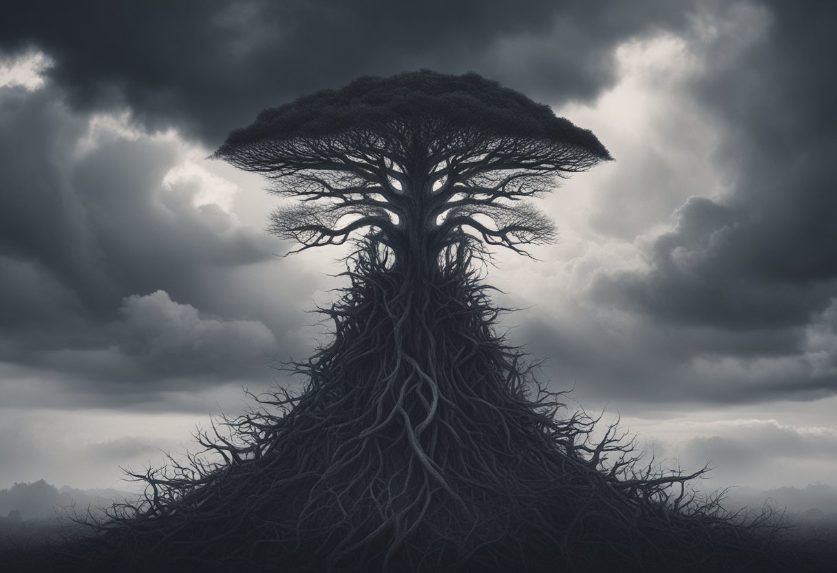 A figure stands tall, surrounded by dark clouds and sharp thorns, but their face is serene and determined, radiating strength and resilience