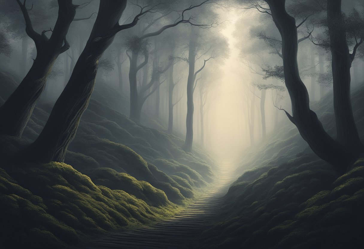 A figure stands at the edge of a dark forest, looking out towards a distant light. The path ahead is filled with twists and turns, but there is a sense of determination and resilience in the air