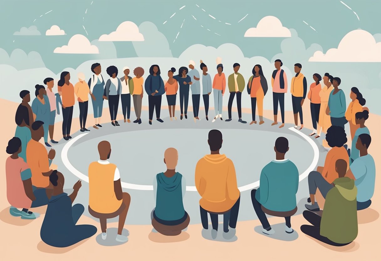 A group of diverse individuals gather in a circle, offering words of encouragement and support to a person standing in the center. The atmosphere is one of empowerment and validation for the individual’s journey as a cancer thriver