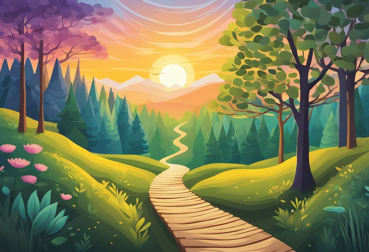 A serene forest with a winding path leading to a vibrant sunrise, symbolizing the journey of overcoming cancer and finding inner strength