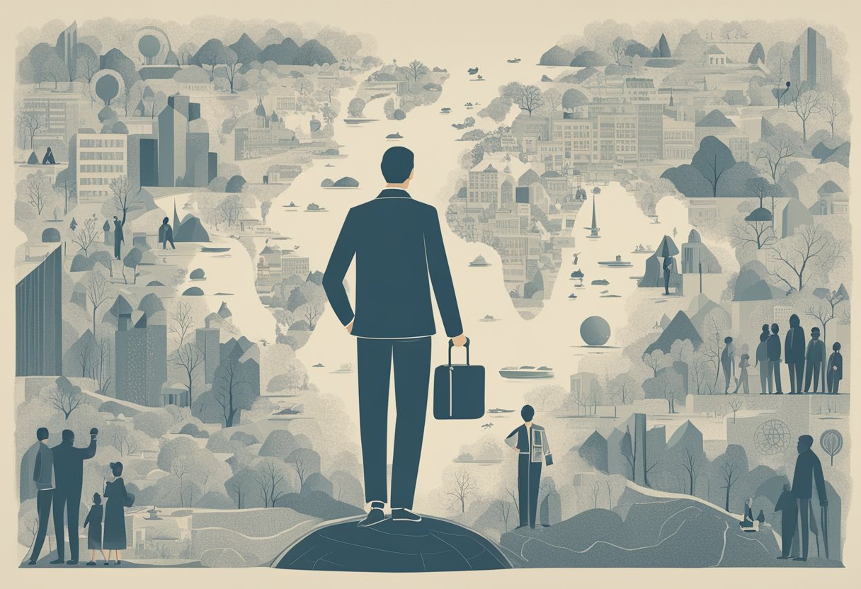 A person standing tall, surrounded by supportive figures, holding a diagnosis in one hand and a map in the other, moving forward with determination