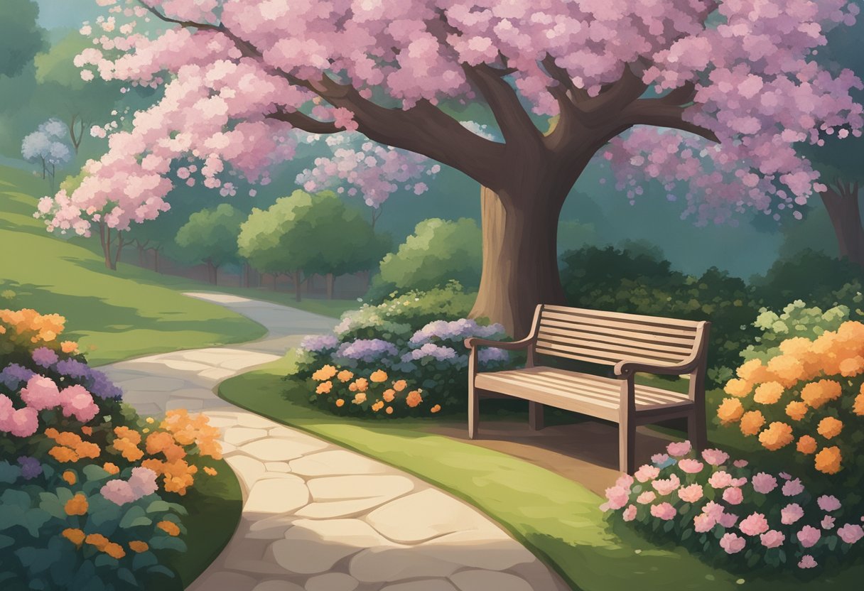 A serene garden with a winding path, blooming flowers, and a peaceful bench under a tree, symbolizing the journey of understanding and validating cancer