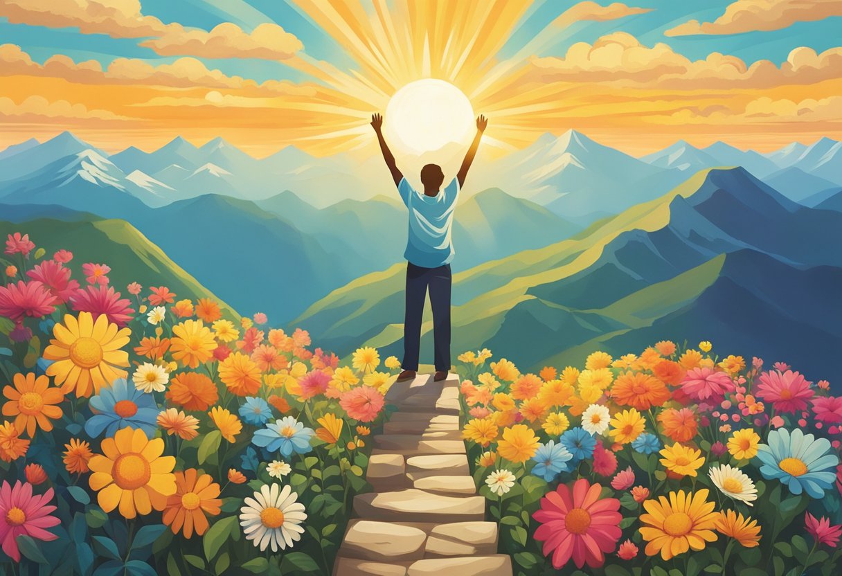 A figure standing on a mountaintop, arms outstretched, surrounded by vibrant flowers and a shining sun, symbolizing triumph over adversity