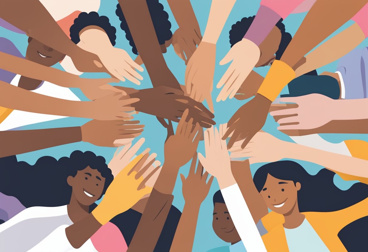 A group of diverse individuals gather in a circle, embracing one another with smiles and supportive gestures. Each person radiates strength and resilience, symbolizing the unity and camaraderie found among cancer survivors