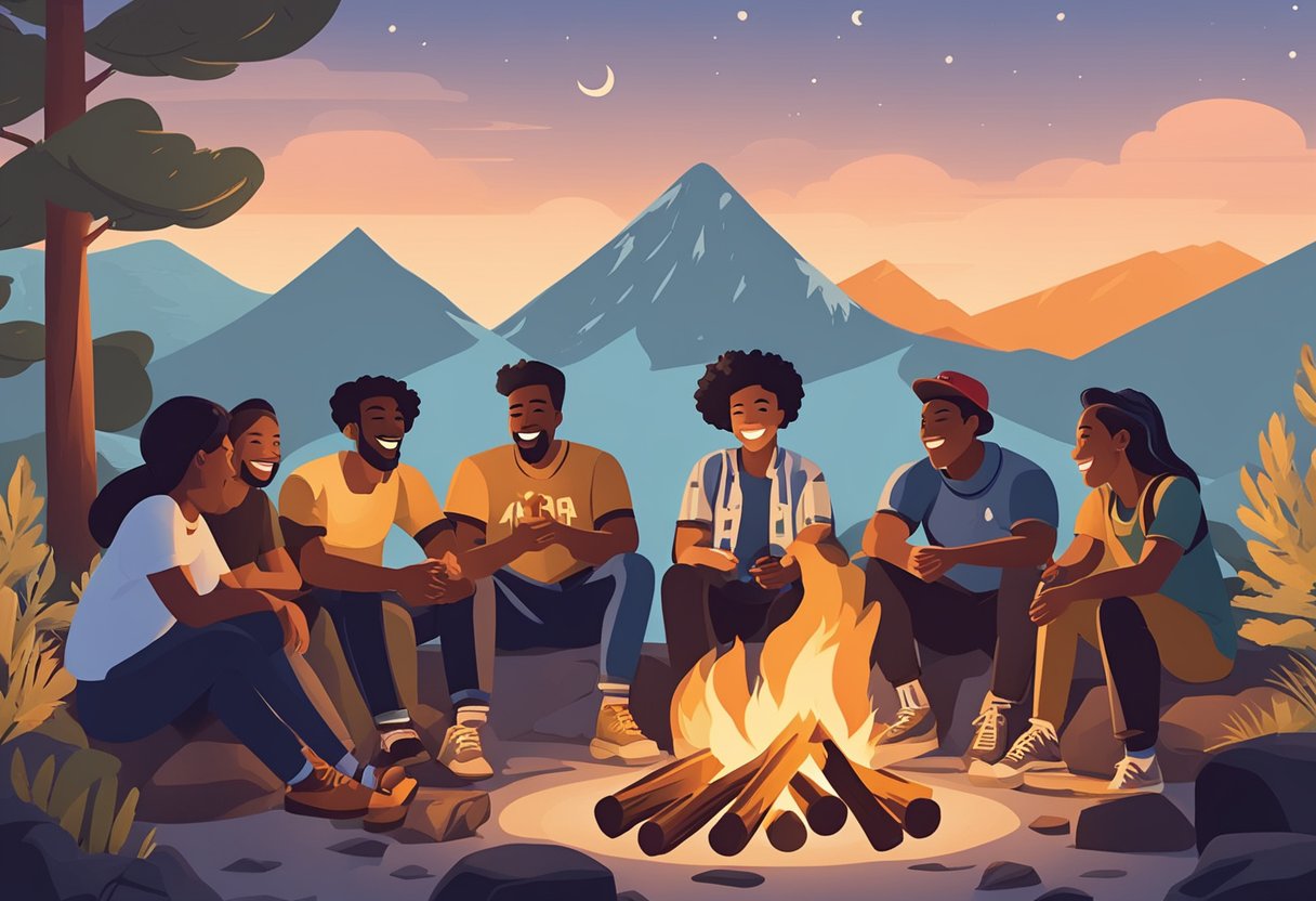 A group of diverse individuals gather around a campfire, sharing stories and laughter. A sense of camaraderie and support is evident among them