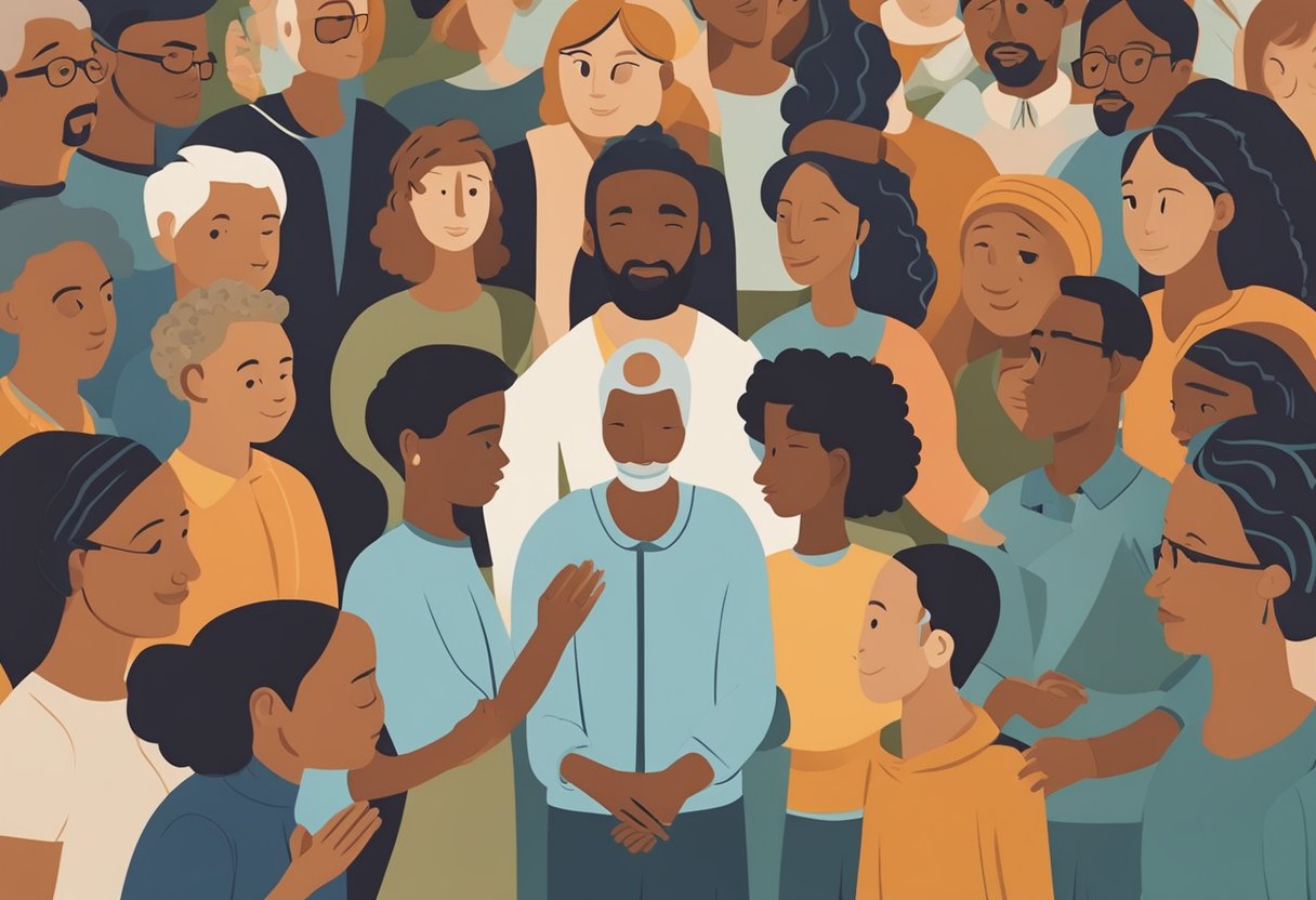 A diverse group of people gather around a central figure, offering support and companionship. The scene exudes warmth and solidarity, depicting the role of community in survivorship