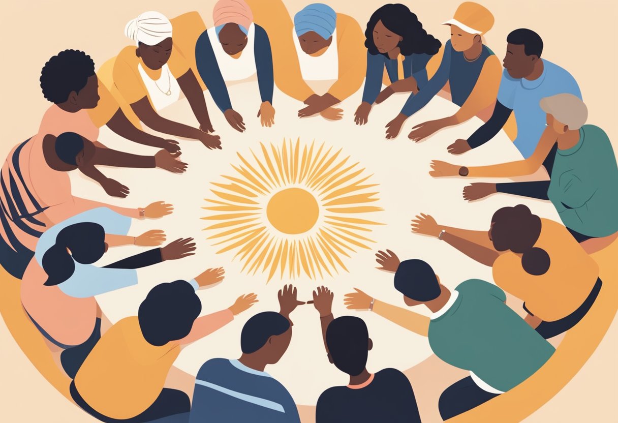 A group of diverse individuals gather in a circle, offering support and understanding to a cancer survivor. The scene exudes warmth and compassion