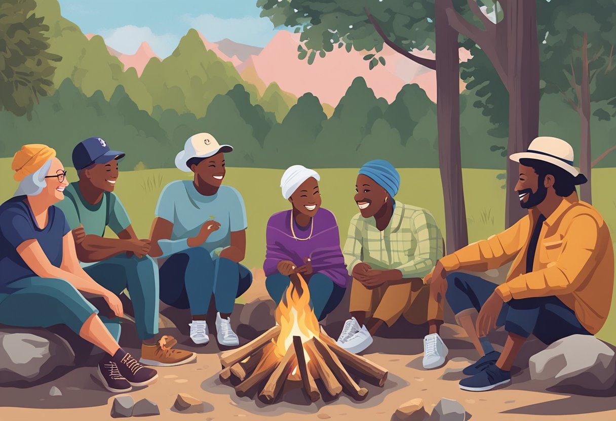 A group of diverse individuals gather around a campfire, sharing stories and laughter. A sense of support and camaraderie is evident, as they bond over their shared experiences as cancer survivors