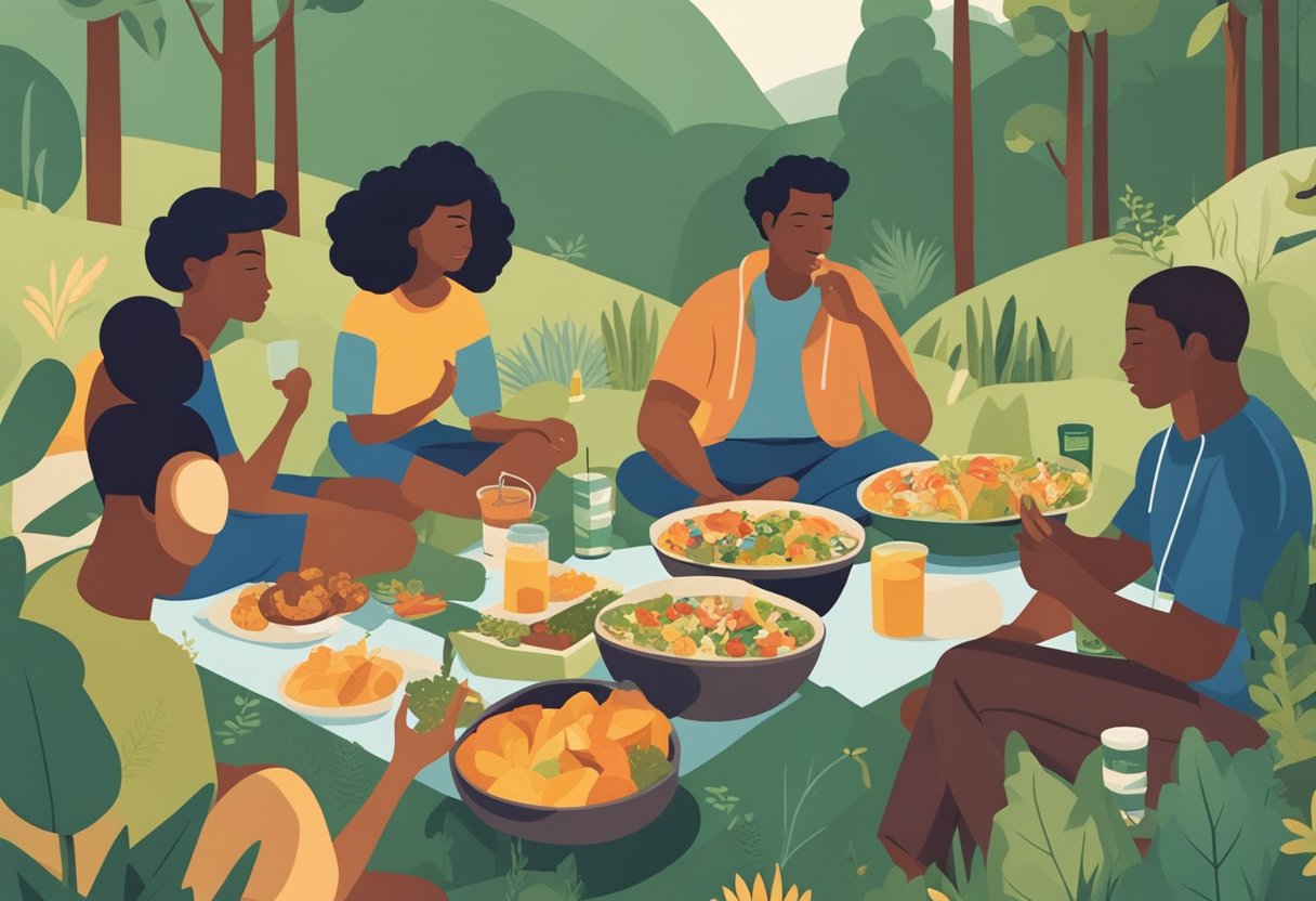 A group of diverse individuals engaging in outdoor activities, surrounded by nature and sharing healthy meals together