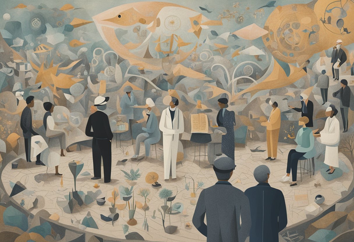 A group of people engaging in deep conversation, surrounded by supportive symbols and imagery related to cancer survivorship