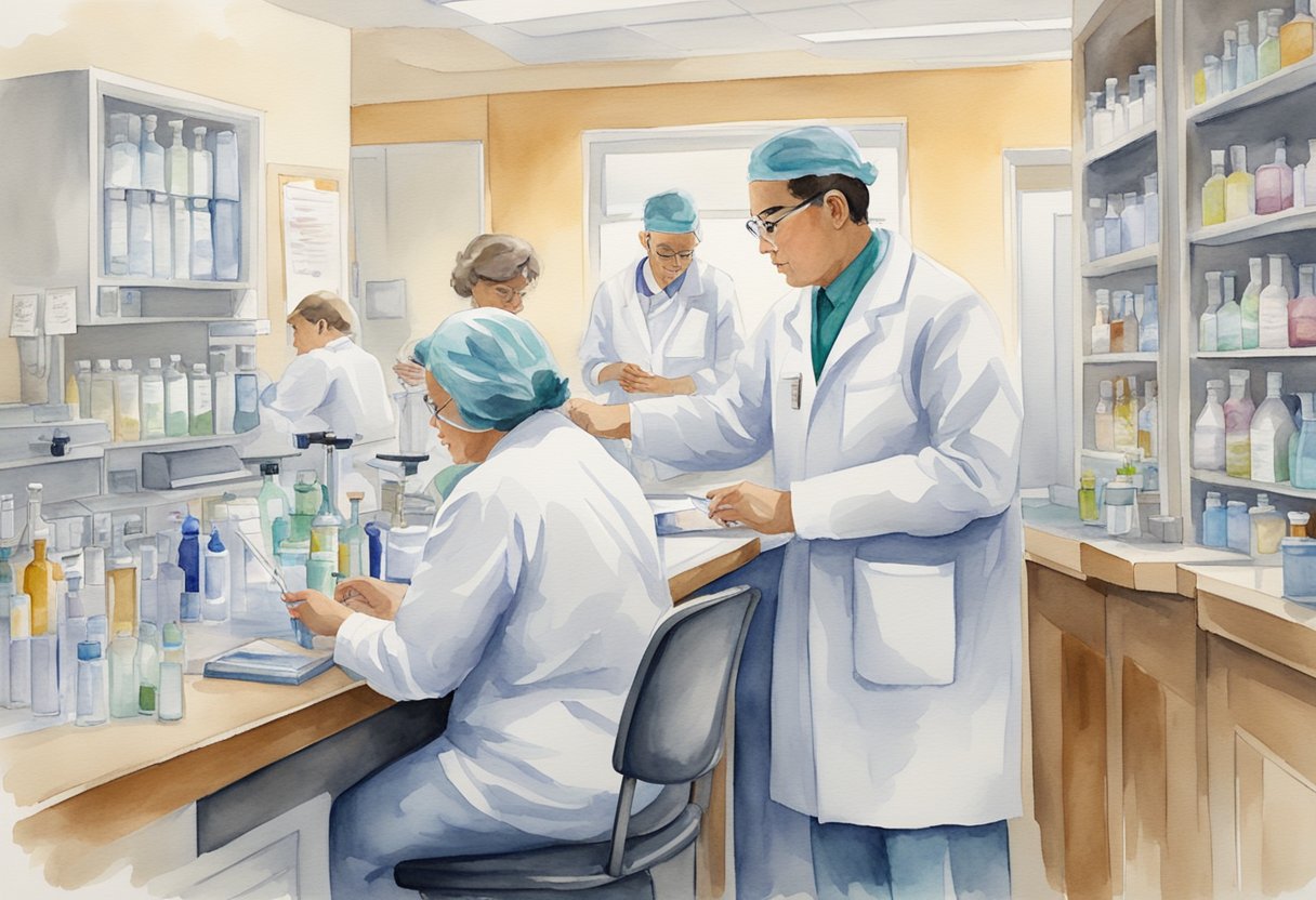 A lab technician conducts genetic testing while oncologists discuss cancer care plans