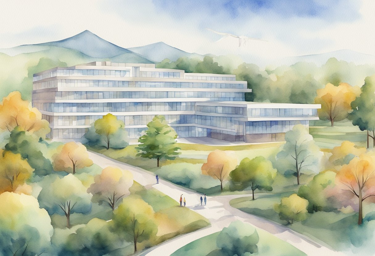 A landscape with a DNA helix symbolizing genetic testing regulations, with a cancer care facility in the background