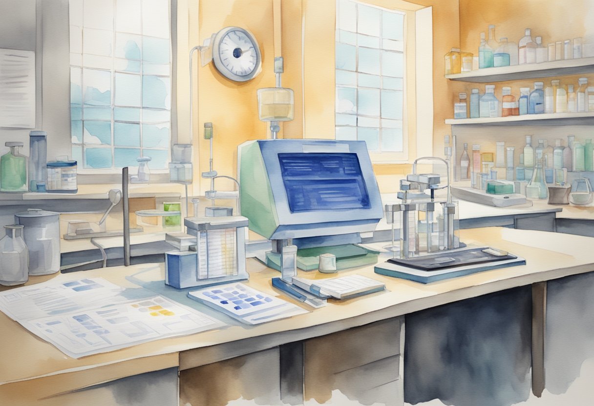 A laboratory setting with genetic testing equipment, medical charts, and a cancer prevention pamphlet