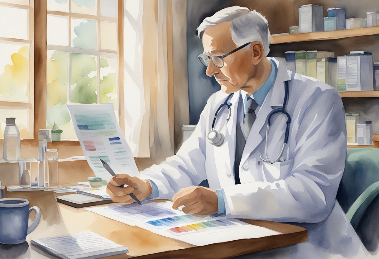 A doctor reviews genetic test results, updating treatment plan for a cancer patient