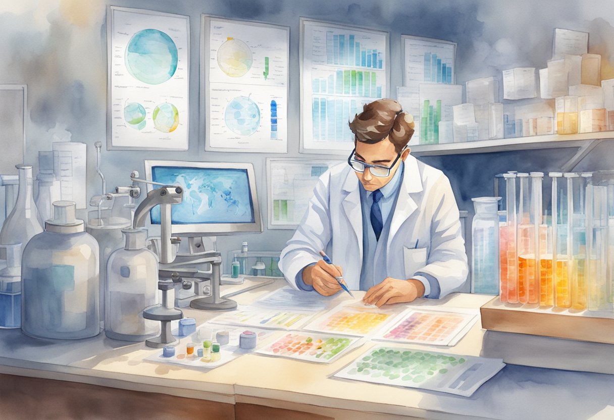 A scientist examines DNA samples in a lab, surrounded by charts and graphs on genetic testing regulations and cancer care