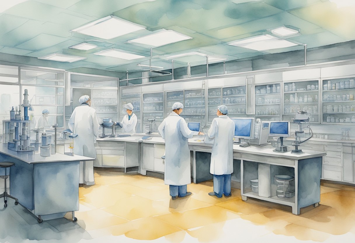 A laboratory setting with advanced genetic testing equipment and researchers discussing cancer care regulations