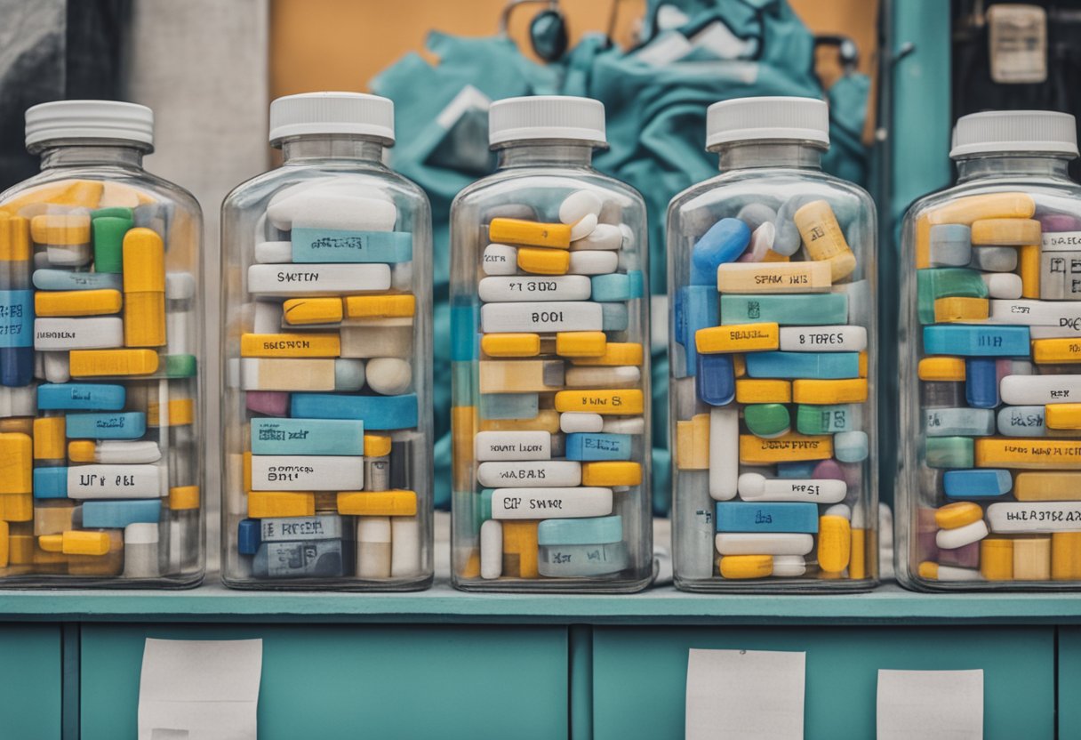 A row of pill bottles with varying prices, a chemotherapy infusion bag, and a medical bill on a cluttered desk