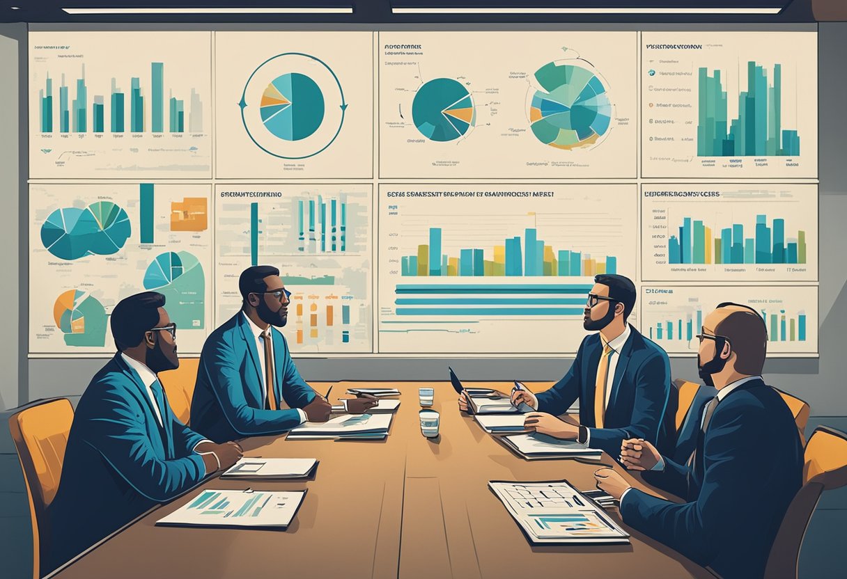 A group of regulators discussing pharmaceutical pricing and cancer care in a boardroom setting. Charts and graphs are displayed on the walls, and the atmosphere is serious and focused