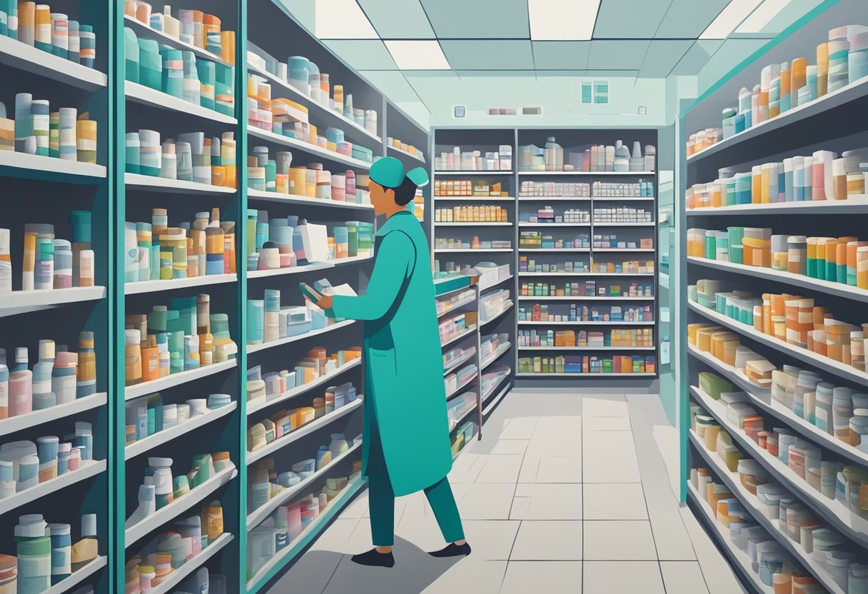 A bustling pharmacy with shelves stocked full of cancer drugs, while patients receive care from healthcare professionals in a modern hospital setting