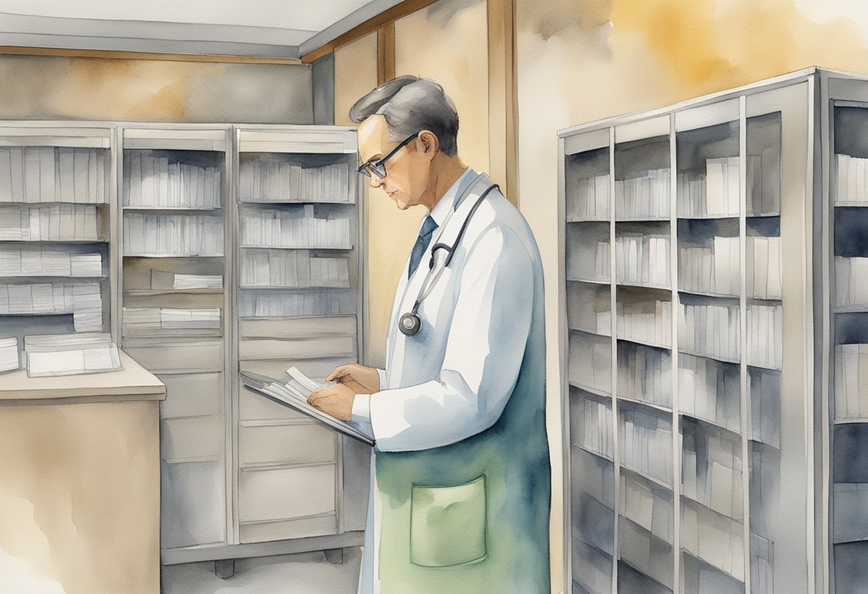 A doctor carefully guards a locked file cabinet, surrounded by privacy screens, while reviewing patient records and consulting with a cancer care team