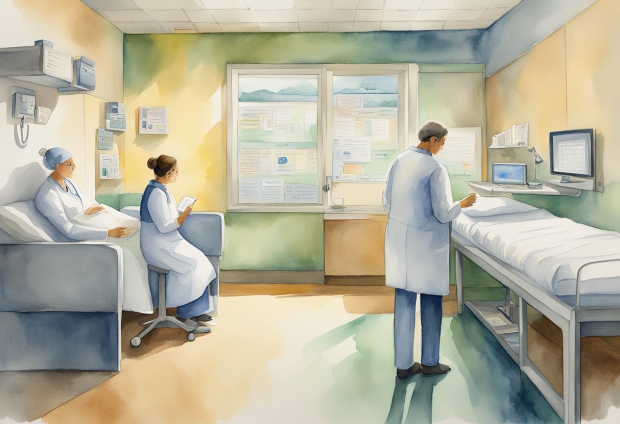 A doctor reviews patient data in a secure room, while a nurse administers cancer care. Privacy policies are posted on the wall
