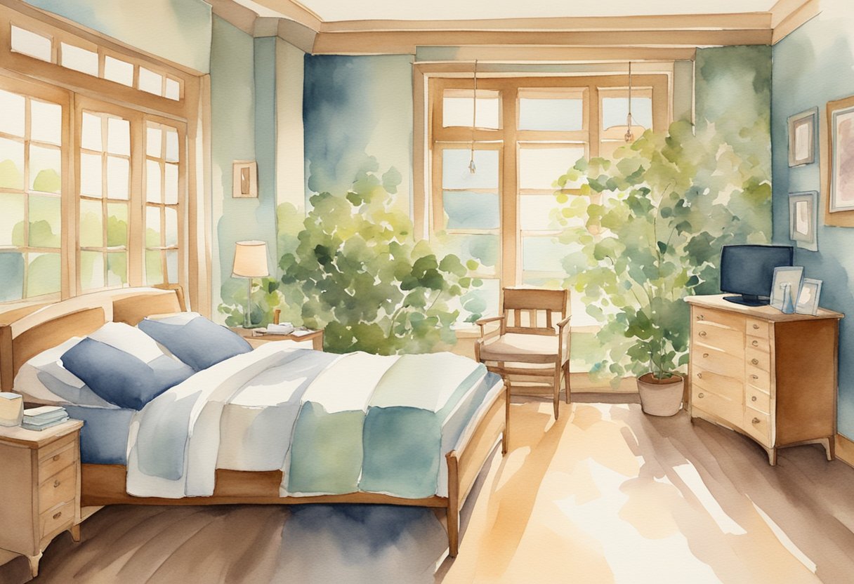A serene room with a comfortable bed, soft lighting, and gentle music. A caregiver provides compassionate support to a patient receiving cancer treatment