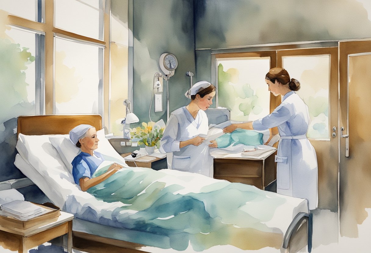 A patient in a hospital bed with a nurse adjusting pillows, while a doctor reviews charts and a family member sits nearby