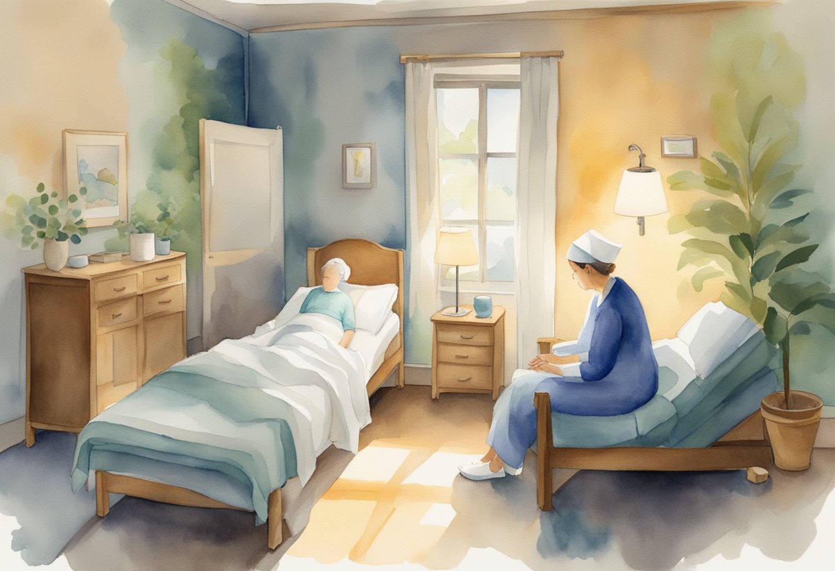 A peaceful room with soft lighting, a comfortable bed, and a caring nurse providing end-of-life care to a patient with cancer