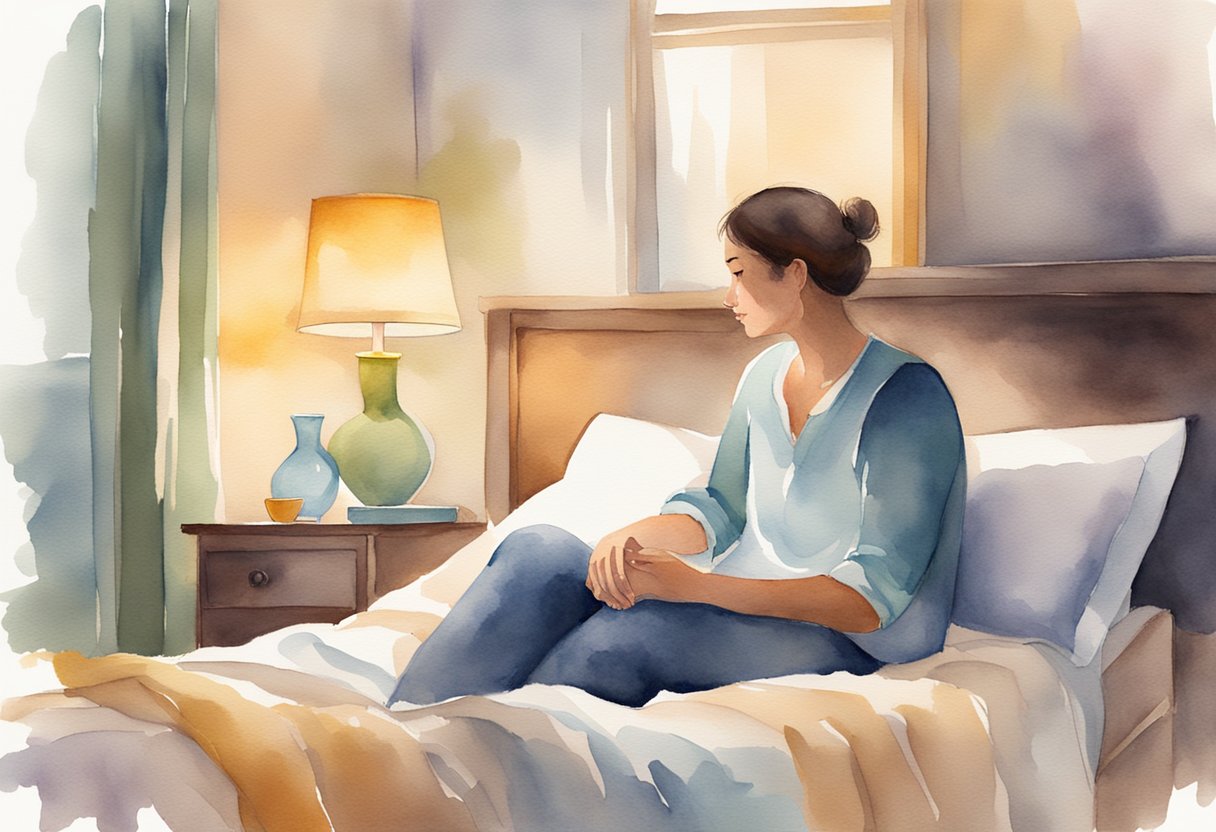 A person sitting by a bedside, offering comfort to a loved one. A warm, peaceful atmosphere with soft lighting and gentle gestures of support