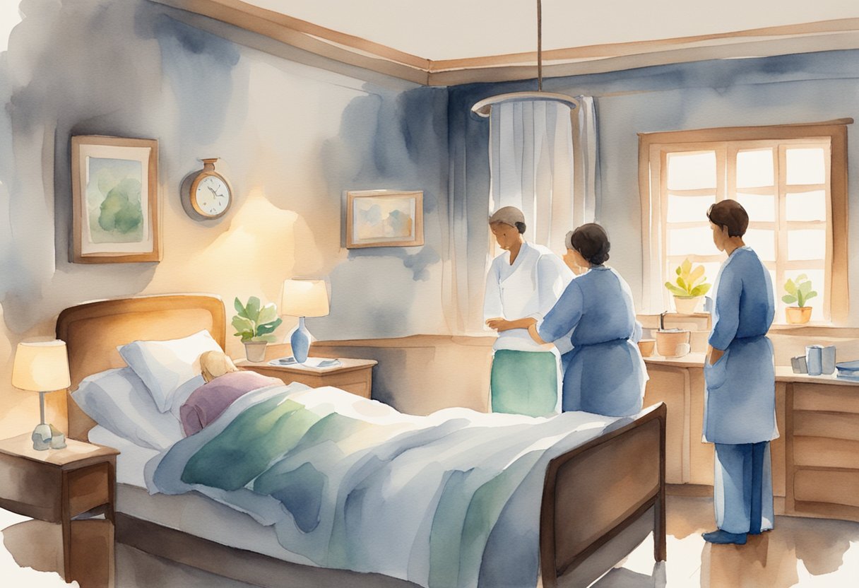 A comforting room with soft lighting and peaceful decor. A patient rests in a cozy bed surrounded by loved ones and attentive medical staff