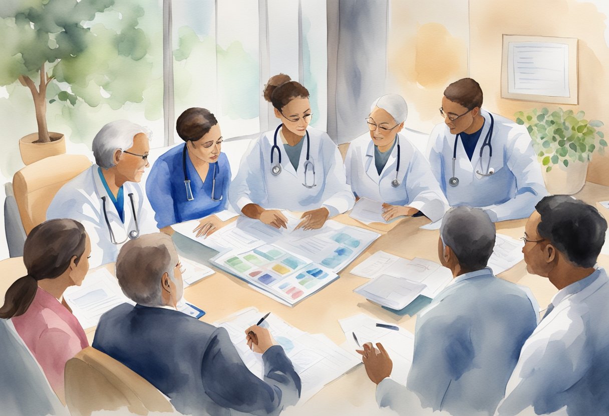 A group of healthcare professionals gather around a table, discussing end-of-life care for a cancer patient. Charts and documents are spread out as they communicate and plan for the patient's needs