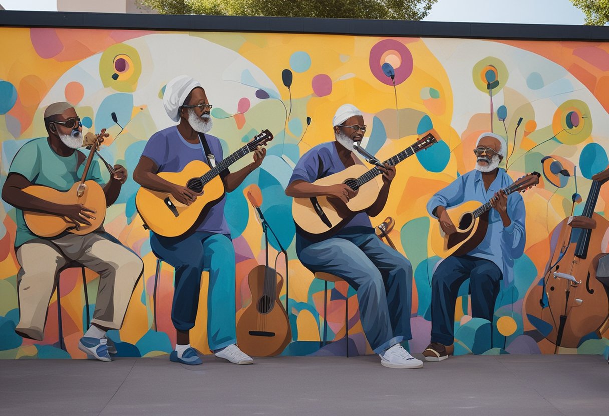 A group of cancer survivors engage in music therapy, playing instruments and singing together in a supportive and healing environment