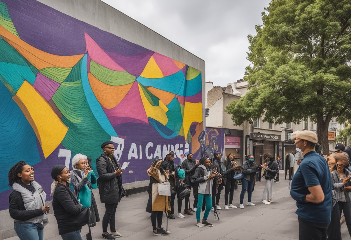 A group of diverse people gather around a musician playing uplifting music. A banner with "Understanding Cancer and Survivorship" hangs in the background