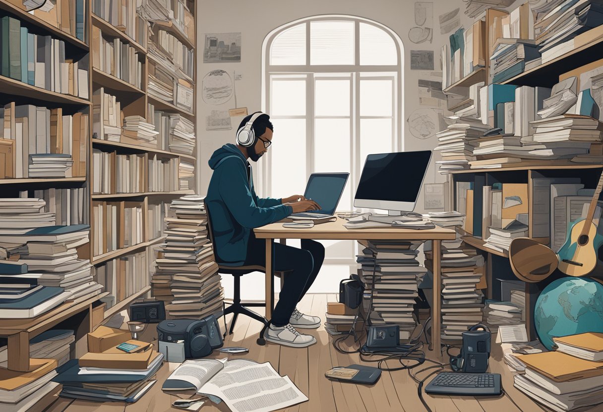A researcher sits at a desk surrounded by books and papers, typing on a computer. Musical instruments and headphones are scattered around the room, creating a peaceful and focused atmosphere