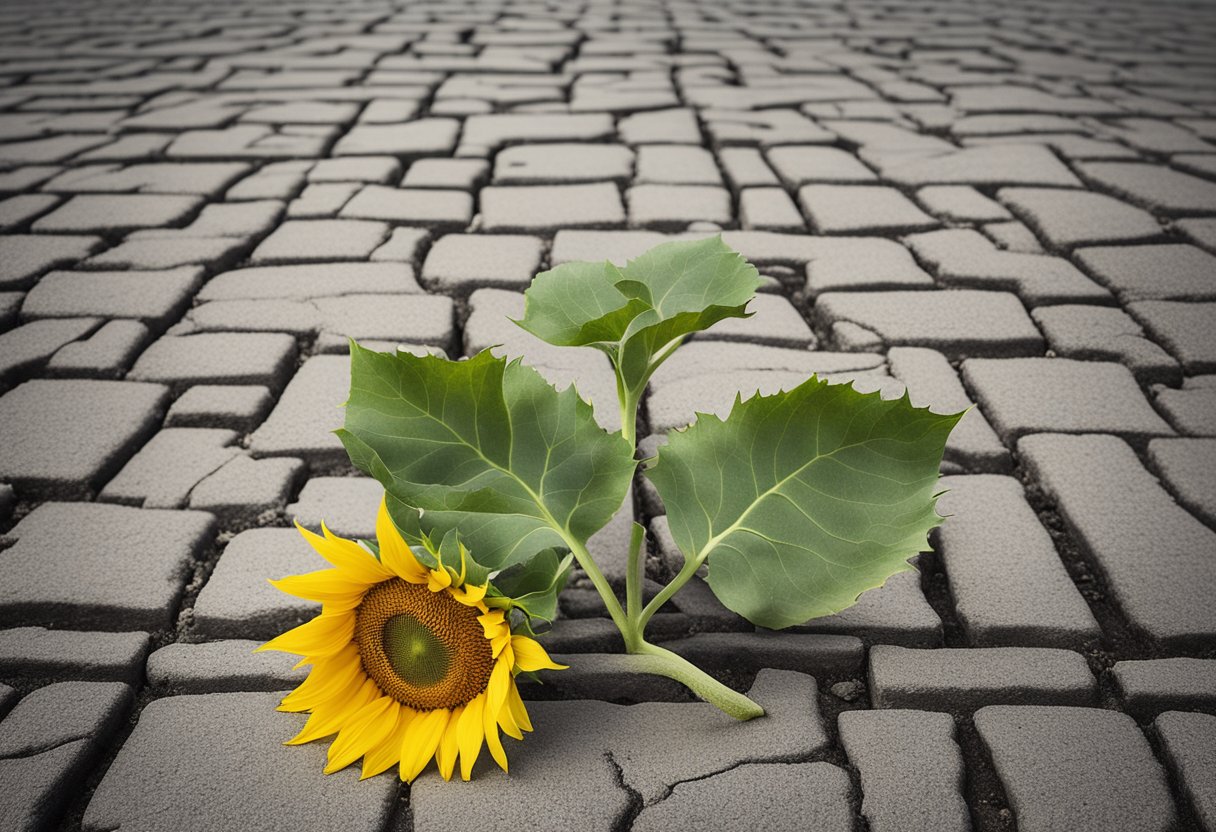 A vibrant sunflower growing from a crack in the pavement, symbolizing resilience and self-expression for a cancer thriver