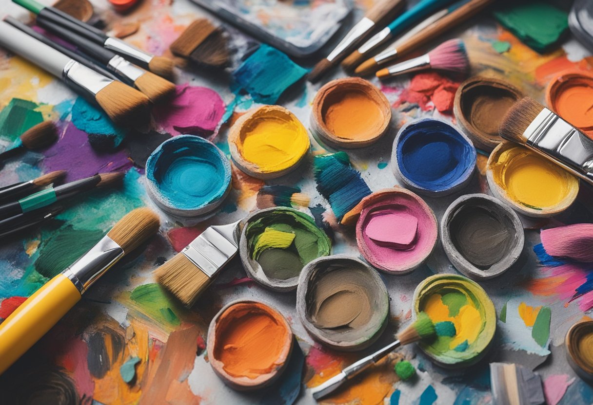 A colorful palette of art supplies scattered on a table, with a canvas featuring bold, abstract brushstrokes symbolizing resilience and self-expression in the face of cancer