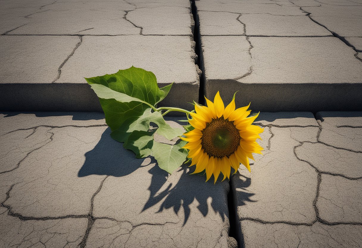 A vibrant sunflower blooms from a crack in the concrete, symbolizing resilience and growth in the face of adversity