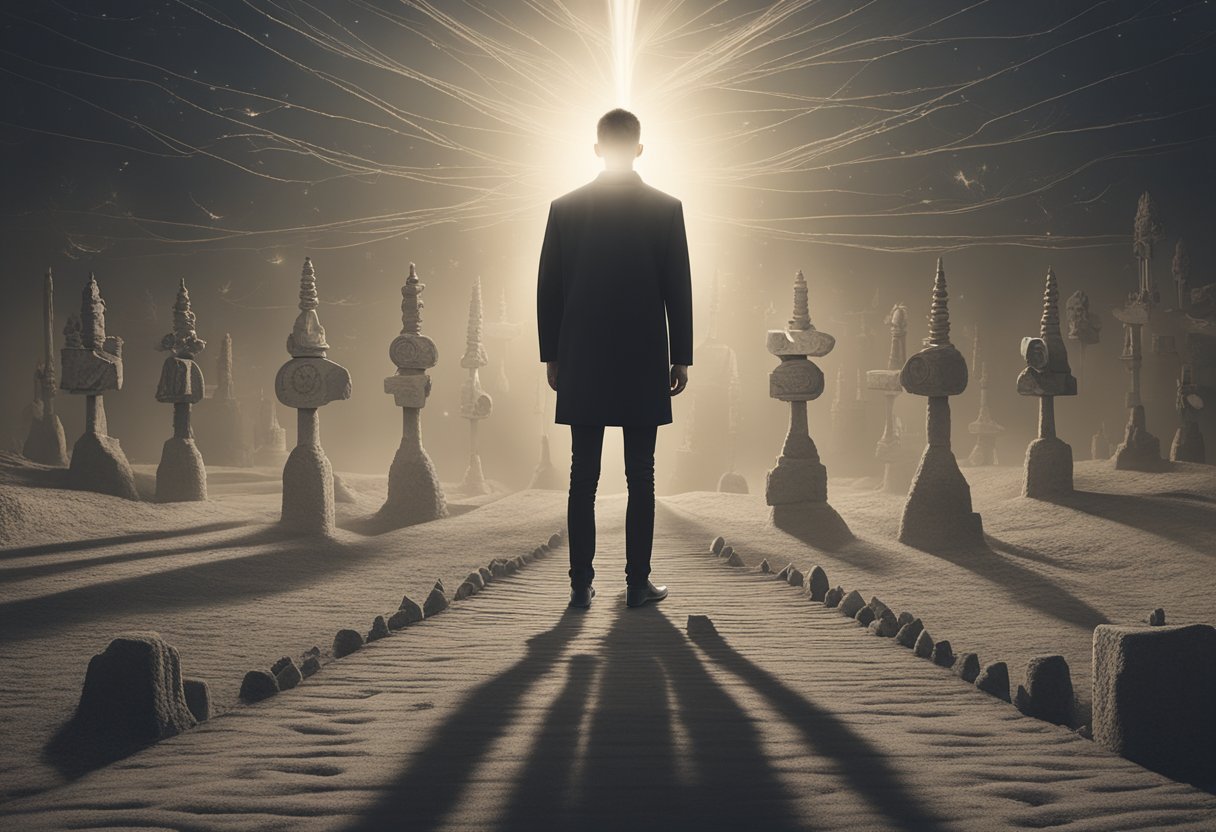 A person stands tall, surrounded by symbols of strength and resilience. A beam of light shines down, illuminating their spirit