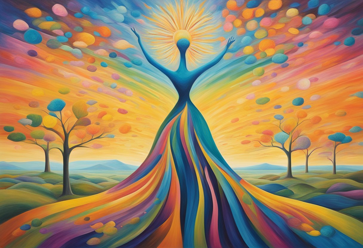A figure stands tall, radiating resilience and determination. Vibrant colors symbolize inner strength and vitality, overcoming the shadow of cancer