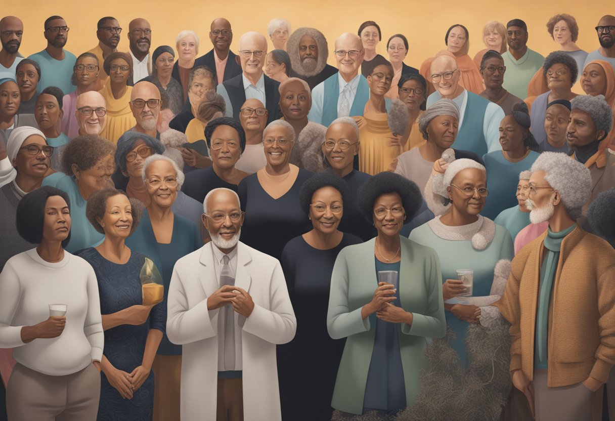 A group of diverse individuals gather, sharing stories and support. Each person exudes resilience and strength, symbolizing the community of cancer thrivers