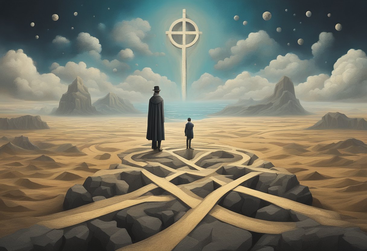A figure stands confidently at a crossroads, surrounded by symbols of inner strength and resilience. The path ahead is uncertain, but the thriver exudes self-trust and determination