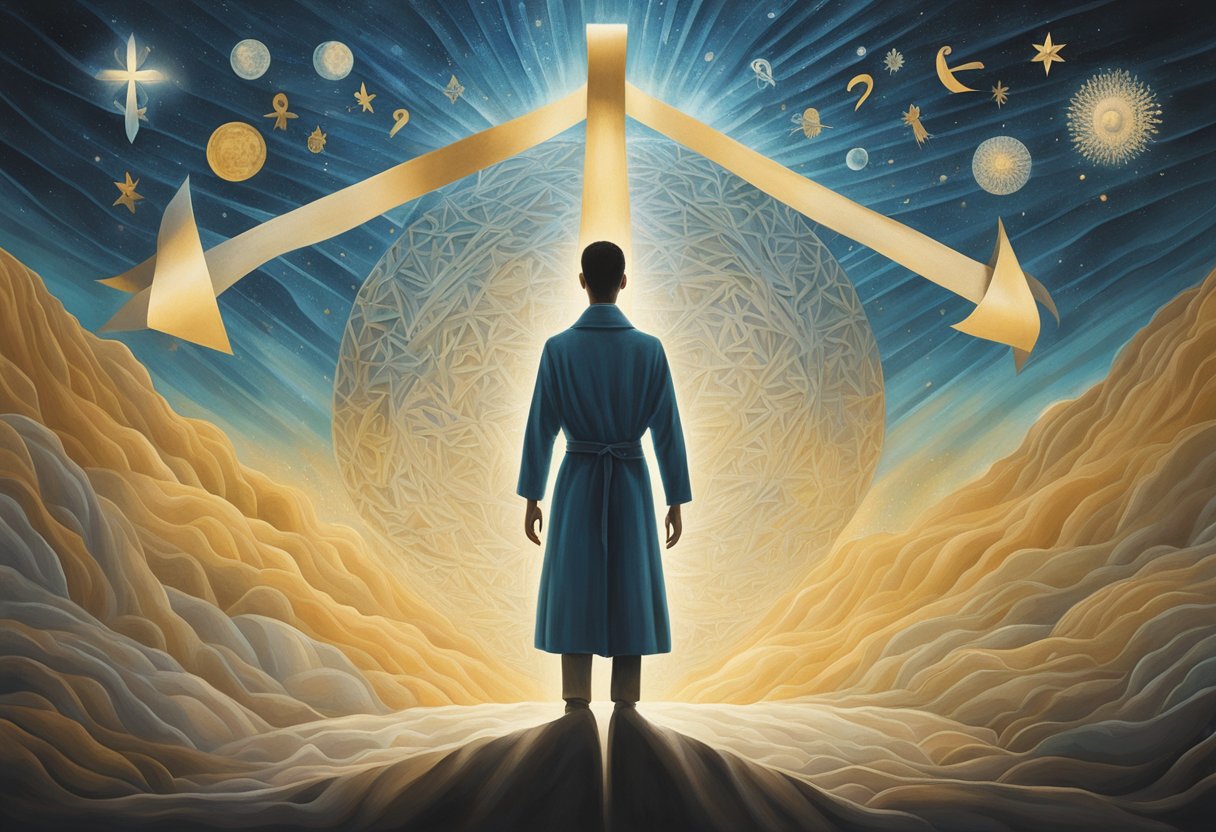 A figure stands confidently, surrounded by symbols of strength and resilience. A cancer ribbon is woven into the background, while a beam of light shines down, representing self-trust in the face of adversity